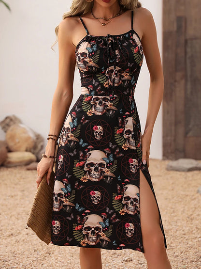 Gothic Punk Split Side Dress Dark Skull Design